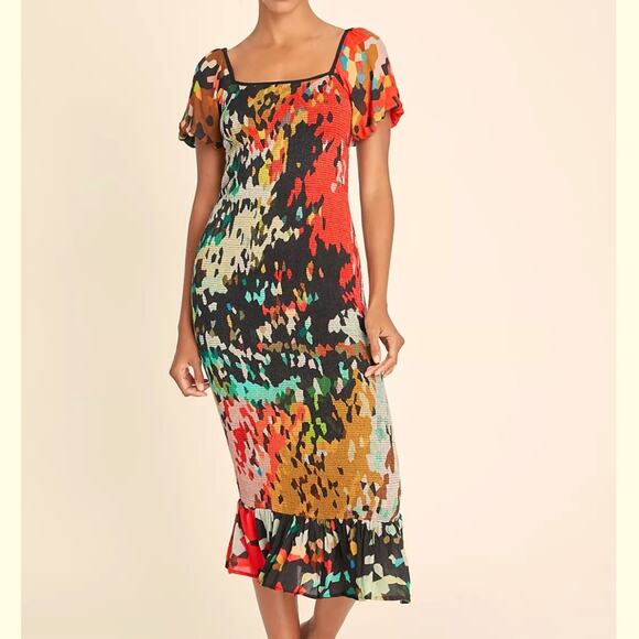 Anthropologie Blnk Galina Smocked Floral Midi  Dress Size Petite Small - Picture 1 of 7